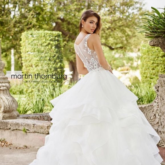 SAMPLE Mon Cheri, New Sheer Bodice Sexy Wedding Dress Ruffle Ballgown - Picture 5 of 9